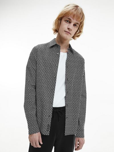 Calvin Klein Ruhák HU318624 | Calvin Klein Slim Organic Cotton All-Over Logo Férfi Ing Fekete